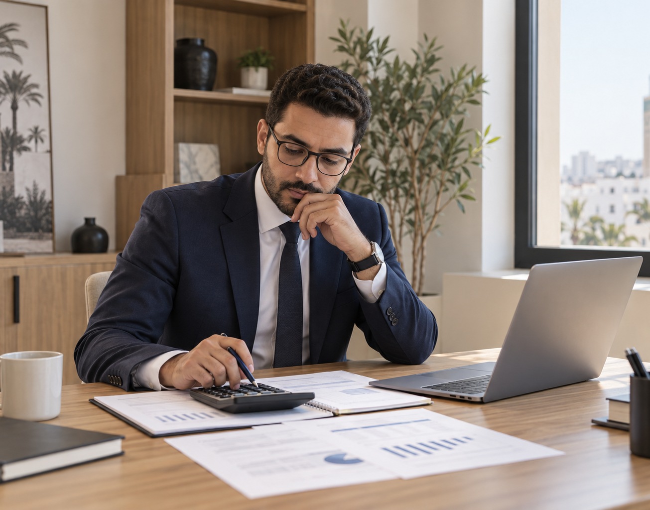 Expert-comptable réalisant la tenue comptable avec une calculatrice